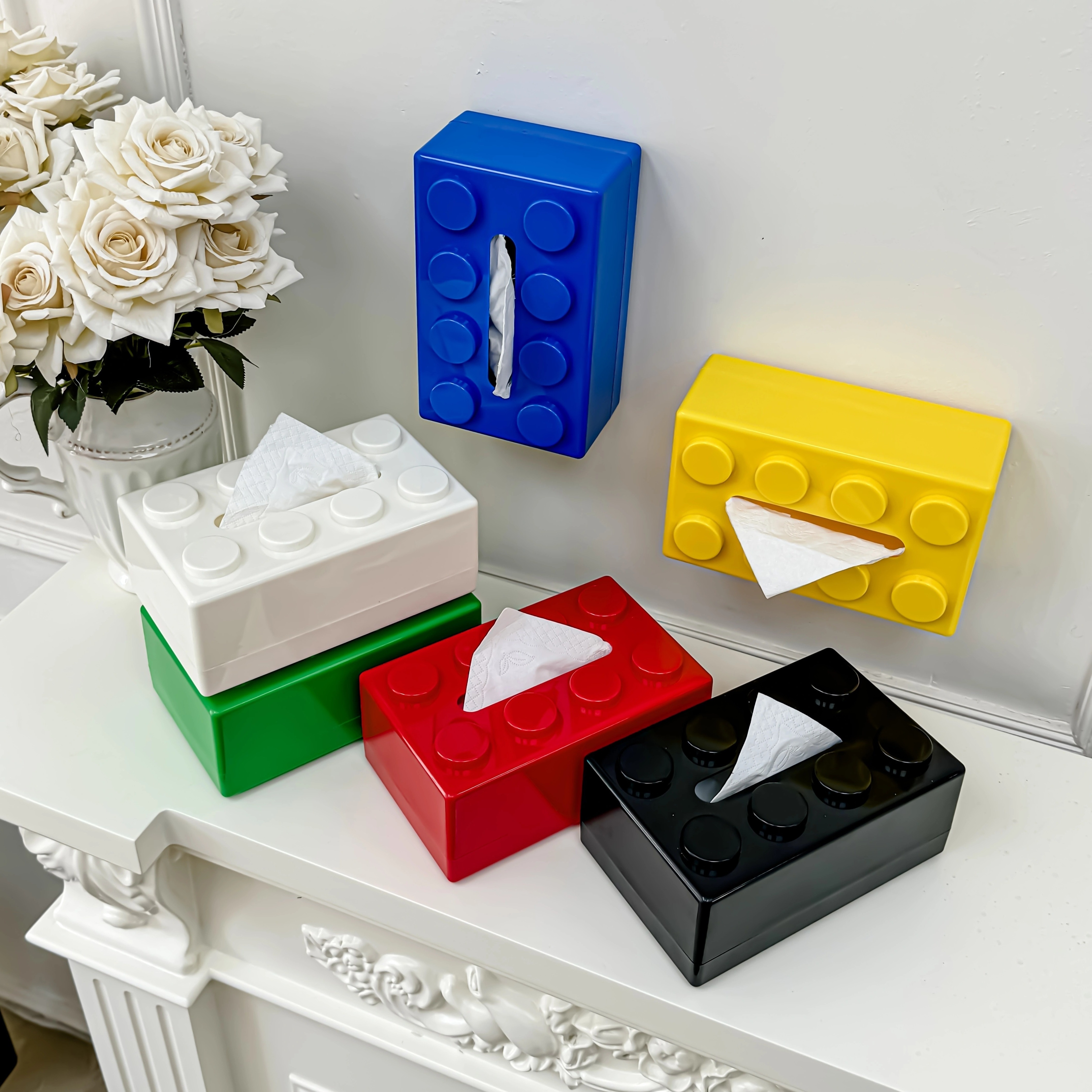 

1pc Creative Cartoon Building Block Tissue Box, Multifunctional Household Napkin Holder, Polished Plastic Self-adhesive High Aesthetic Storage Organizer