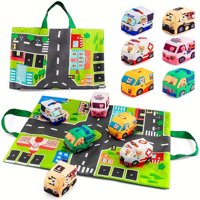 6pcs Rattles Fabric Car Toys with Cartoon Map Print Storage Bag - Colorful, Durable Toddler Toys for 18 Months & 1- | Ideal Birthday Gift for Boys, Car Toy Storage Bag,   Design, Sturdy Construction