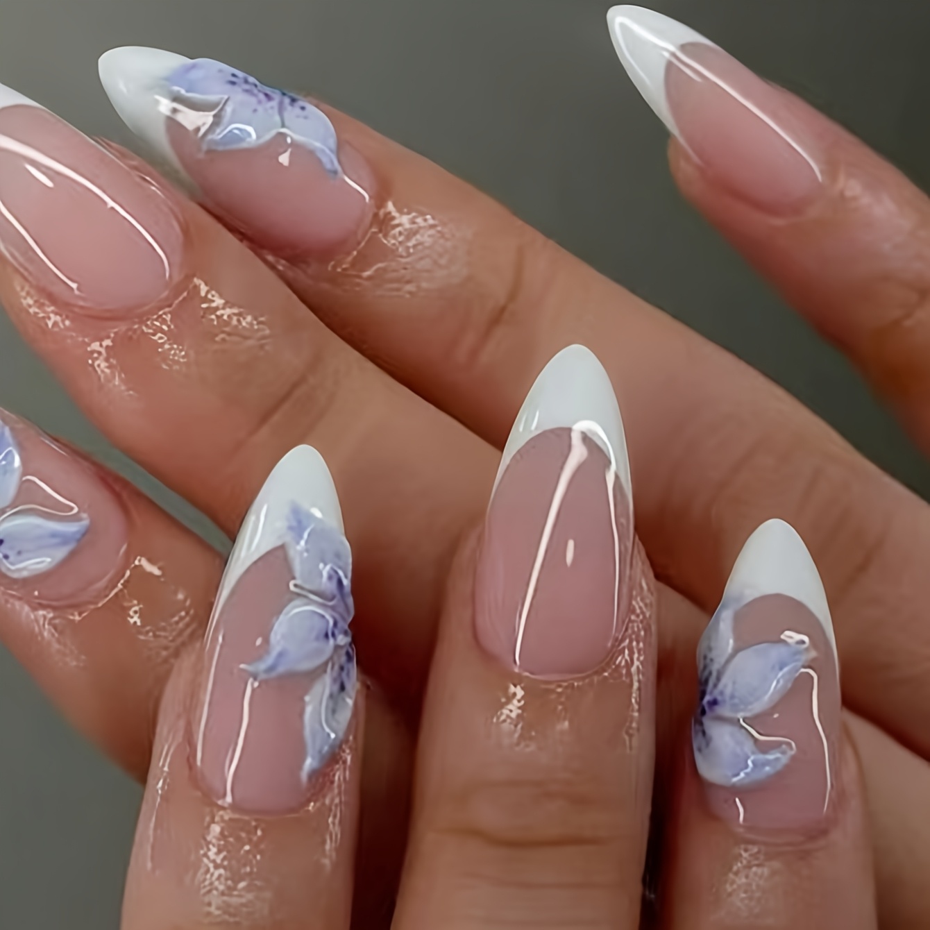 Image of 24pcs Long Almond 3d Flower Nails Design French Tip Press On Nails Fit Perfectly False Nails Set,, Flower Nails & Summer Nails For Woman & For Daily Wear And Party Use