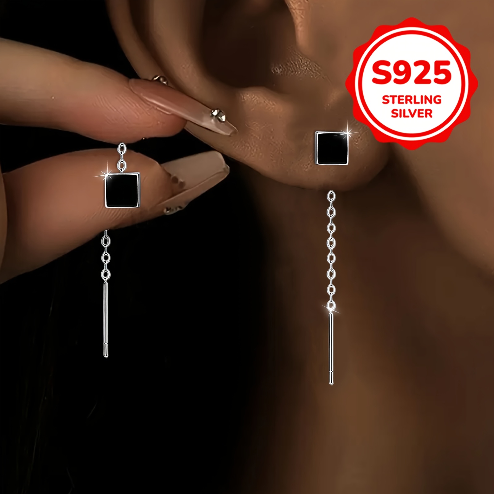 TEMU 1 par/pieza de aretes colgantes cuadrados negros minimalistas vintage de /verano, accesorio de moda especial para mujer, adecuados para uso