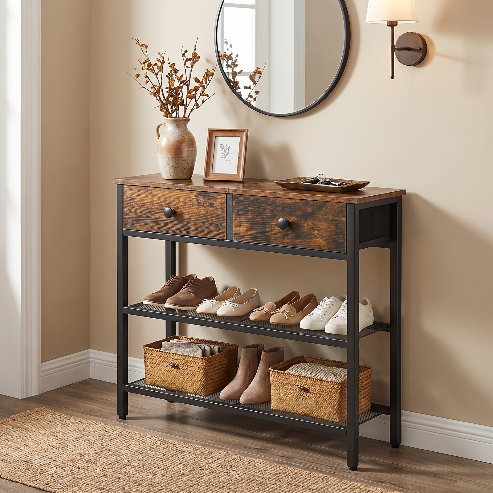 Image of Narrow Console Table, 75 Cm Hall Table With Drawer And 2-tiered Storage Compartments, Side Table, Small Display Table, Sofa Table, Entrance, Hallway, -black
