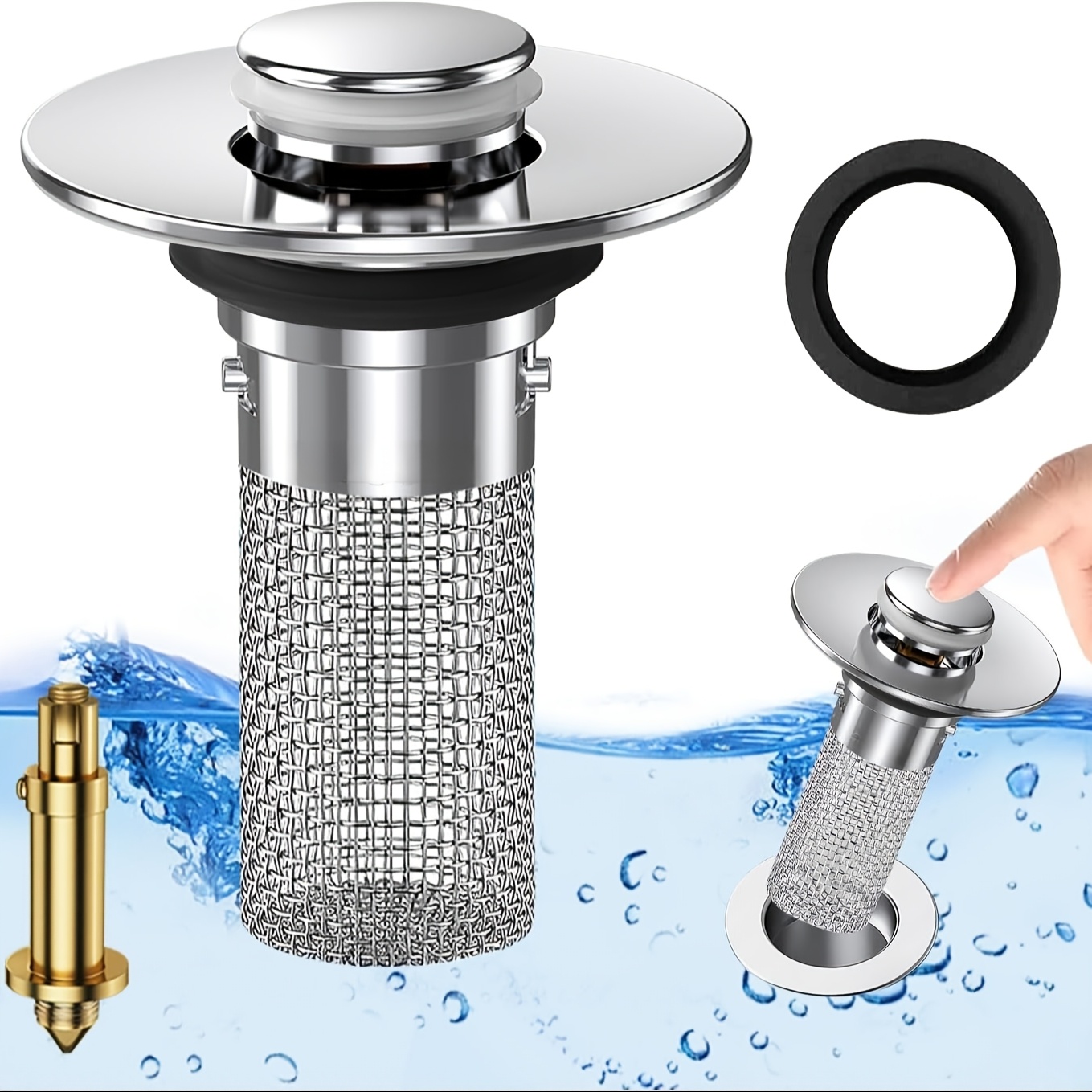 

1pc Stainless Steel Pop-up Bathroom Sink Stopper With Anti-odor Bouncy , Removable Washbasin Drain Filter, Metal And Plastic Bathroom Accessory With Rubber Ring