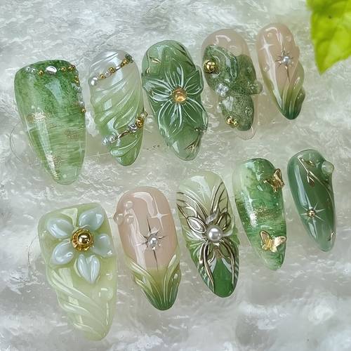 flowers nails almond press on acrylic nails medium peppermint green gradient design summer nails reusable with line retro y2k style for woman daily date wear festival party gifts 10pcs