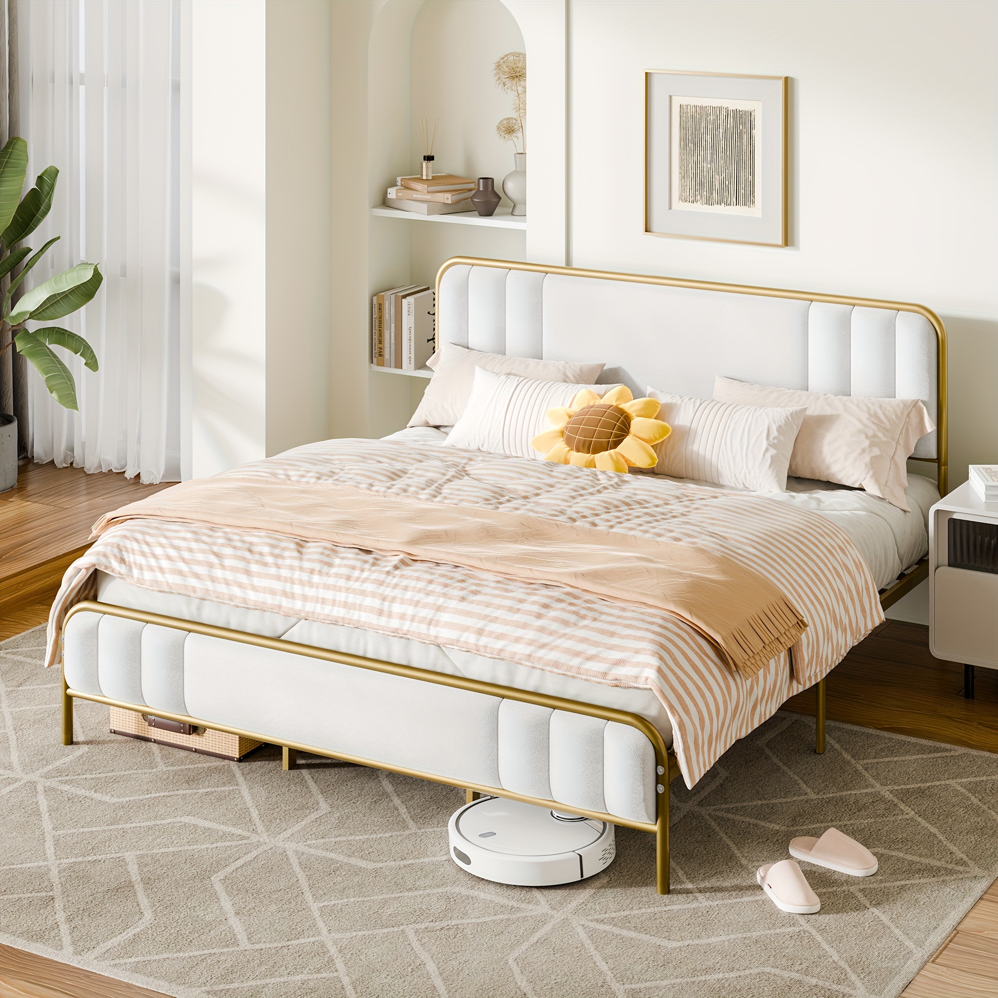 

Sunlei Golden Full/queen Size Bed Frame With Velvet Fabric Headboard, Metal Platform Bed With 12" Storage Space, Solid Metal Slats Support, No Box Spring Needed, Easy Assembly, Modern White Velvet