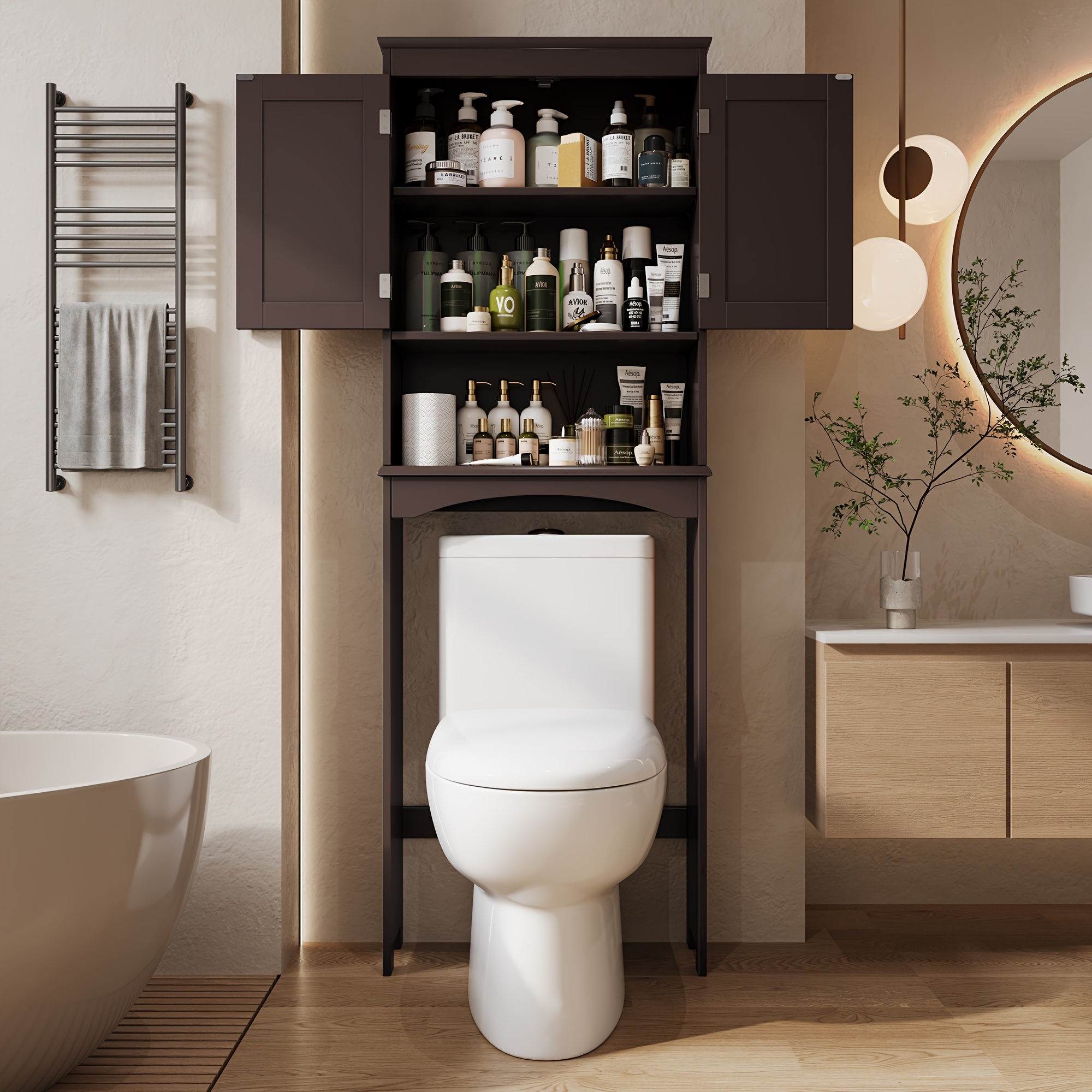 

Over The Toilet Storage Cabinet With Adjustable Shelf And , Bathroom Space Saver Organizer Above Toilet With Open Shelf, Wooden Free Standing Toilet Rack -brown