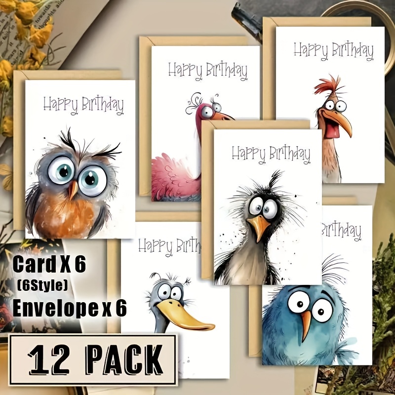 Image of 12 Fun Bird- Birthday Cards With Envelopes, Suitable For Wholesale Blank Greeting Cards For Family, And Colleagues