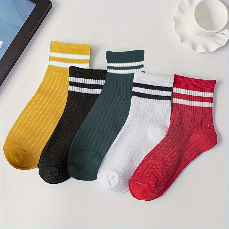 5 Pairs Women' Strap Ins Korean Style Preppy Mid-calf Socks