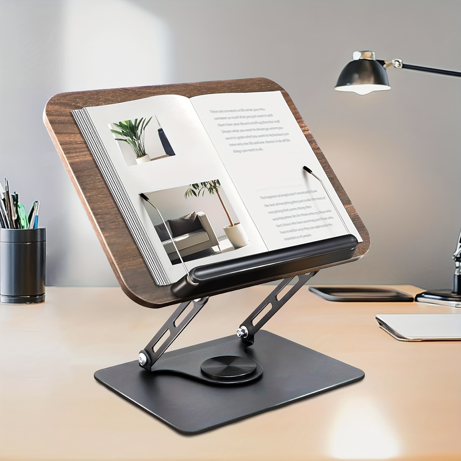 book stand for reading book holder height angle adjustable 360 rotating   foldable and portable lightweight for office kitchen school   recipe magazine   tablet  