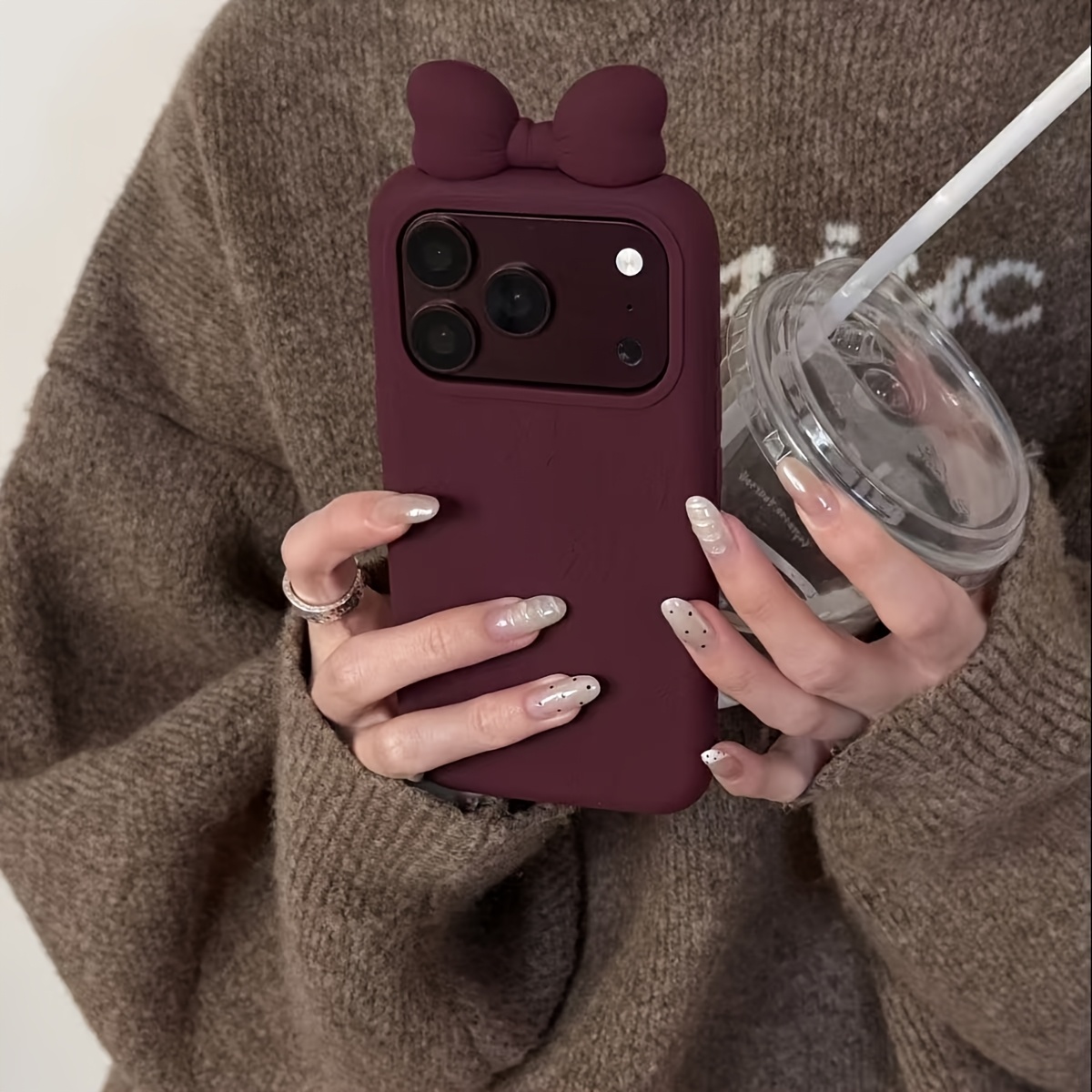 TEMU Phone Case: Vintage Burgundy Red Three-dimensional Bowknot Ins Korean Style 17 Pro Case, Compatible With Iphone 18 Pro, New 18 Pro Max Phone