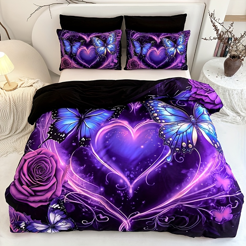 TEMU 2d Flat 3pcs Purple Heart Flower Duvet Cover Set (1 Duvet Cover + 2 Pillowcases)high-definition Digital Printing, Fashionable Bedding,