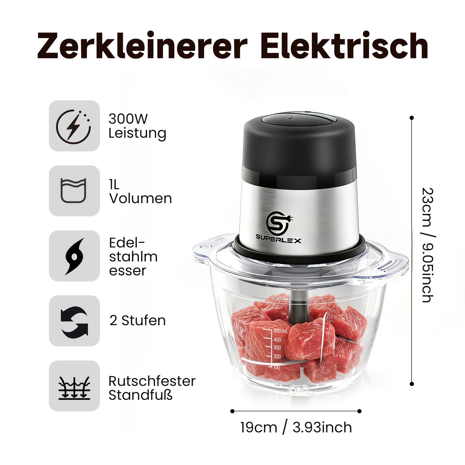 E-shop SUPERLEX Mini-Fleischwolf 300W mit 1L Glasbehälter - Stahlklingen, 2 Geschwindigkeiten, ideal zum Zerkleinern von Fleisch, Nüssen Gemüse
