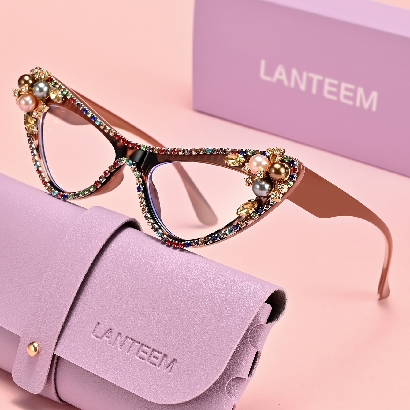TEMU LANTEEM (Geschenk mit Brillenbeutel und Box) 1 Set Hochwertige Cat-Eye Kleine Rahmen Damen Brille, Hochwertige Materialien, Strassverzierung,