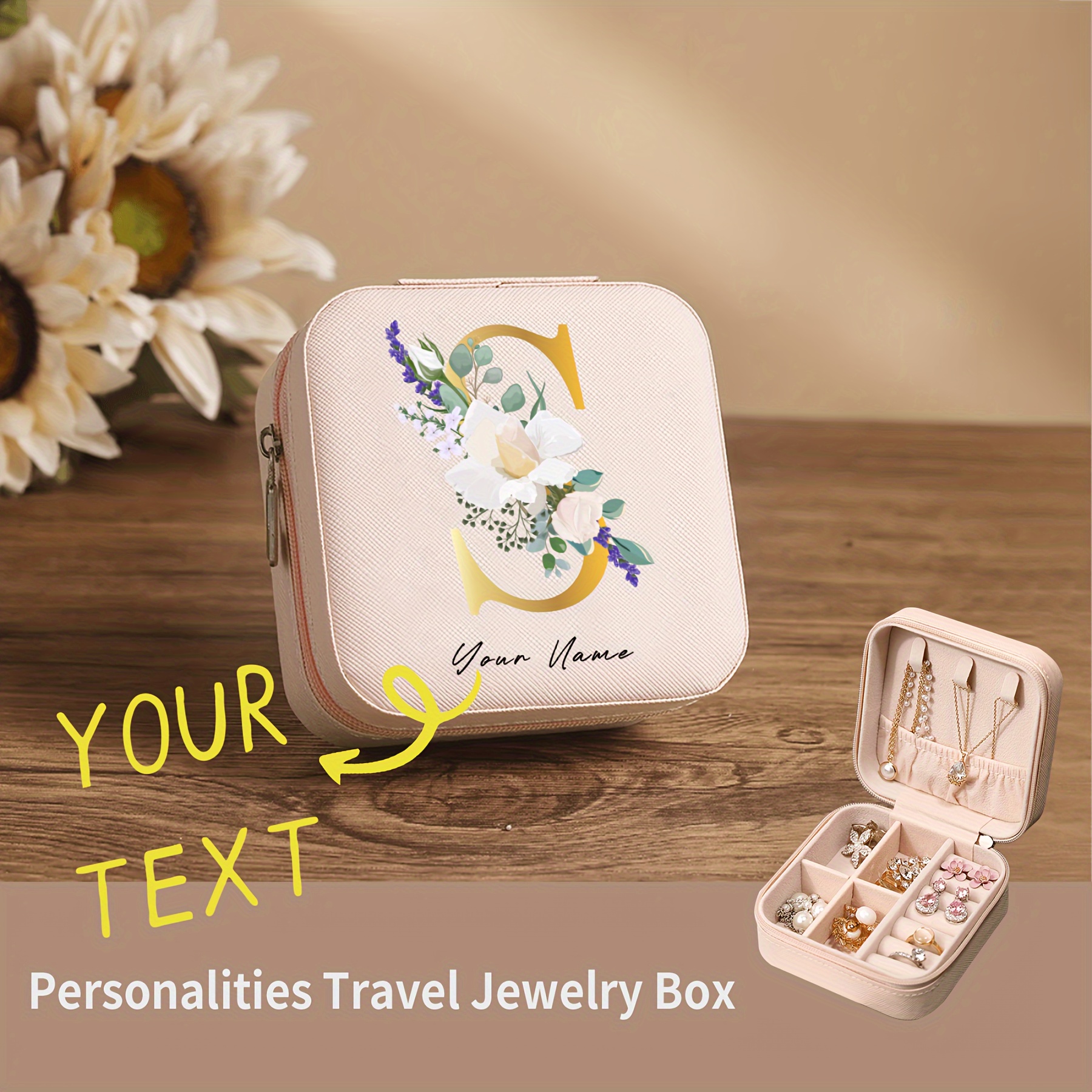 

Custom Personalized Text Name Floral Letter Pattern Travel Jewelry Box Case Holder Portable Small Jewelry Storage Organizer Boxes For Girls And Women For Ring Necklace Earring