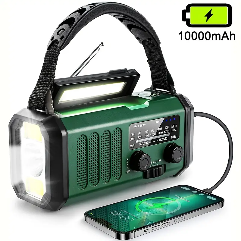 emergency hand crank radio with 10000mah 37000mwh battery backup am fm weather radio type c charge solar charging sos 3 led torch reading lamp compass for outdoor survival details 0