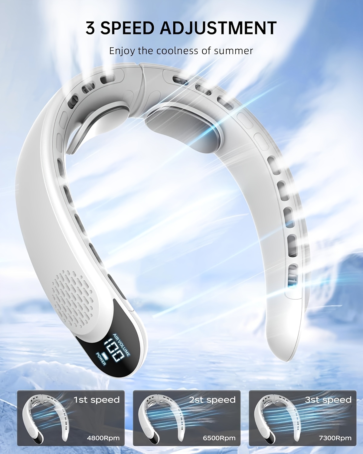 Rayronix Rechargeable Neck Fan with LED Display, 3 Speeds, 360° Cooling Personal Fan, 4000mAh USB-C Portable Fan for Travel, Outdoor, Office - Quiet & Lightweight for Women & Men, White, Portable Fan Rechargeable