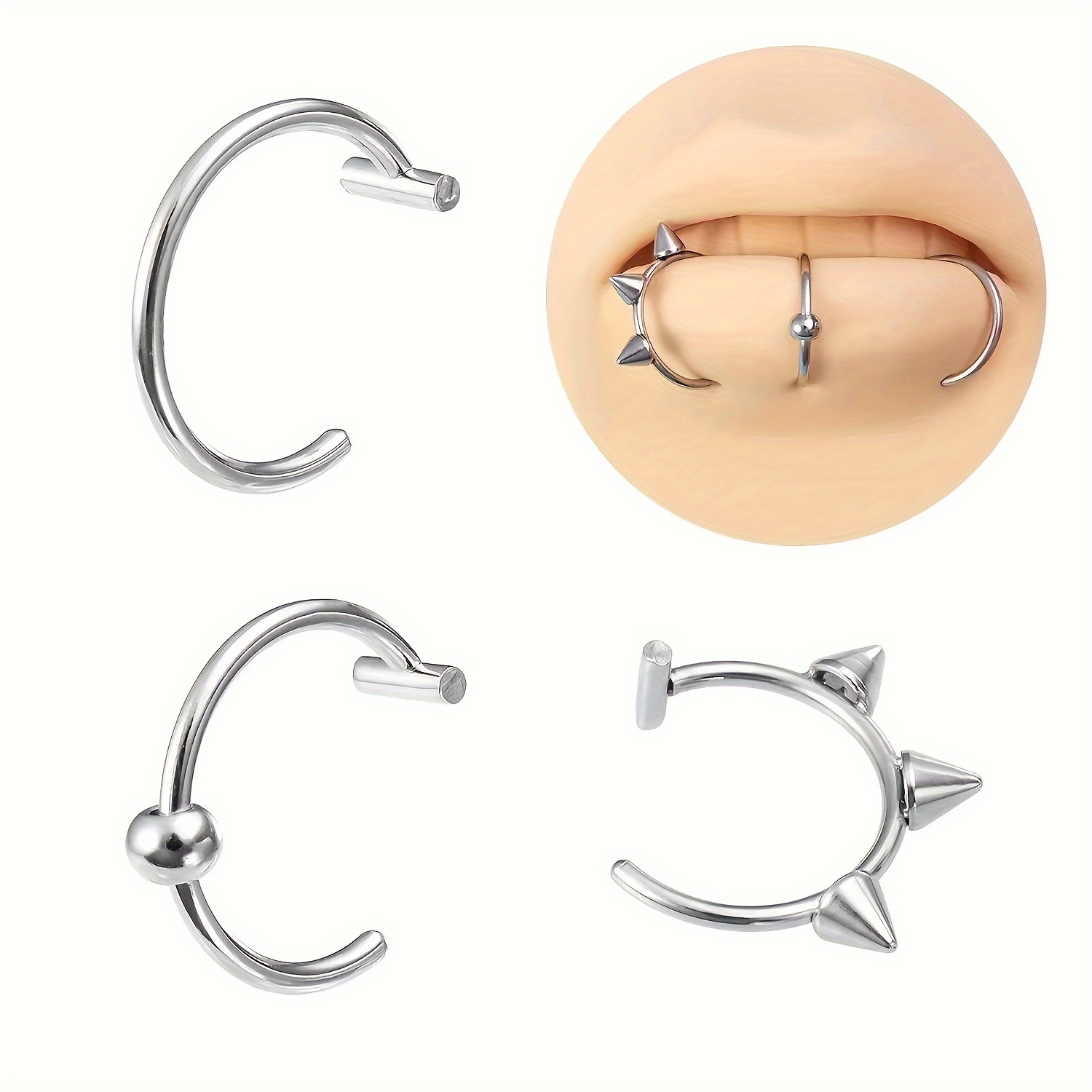 TEMU 3pcs Hip Hop -on Nose & Lip Ring Set - Stainless Steel, Piercing Jewelry For Women - , Comfortable, Lip Ring, Nose Ring