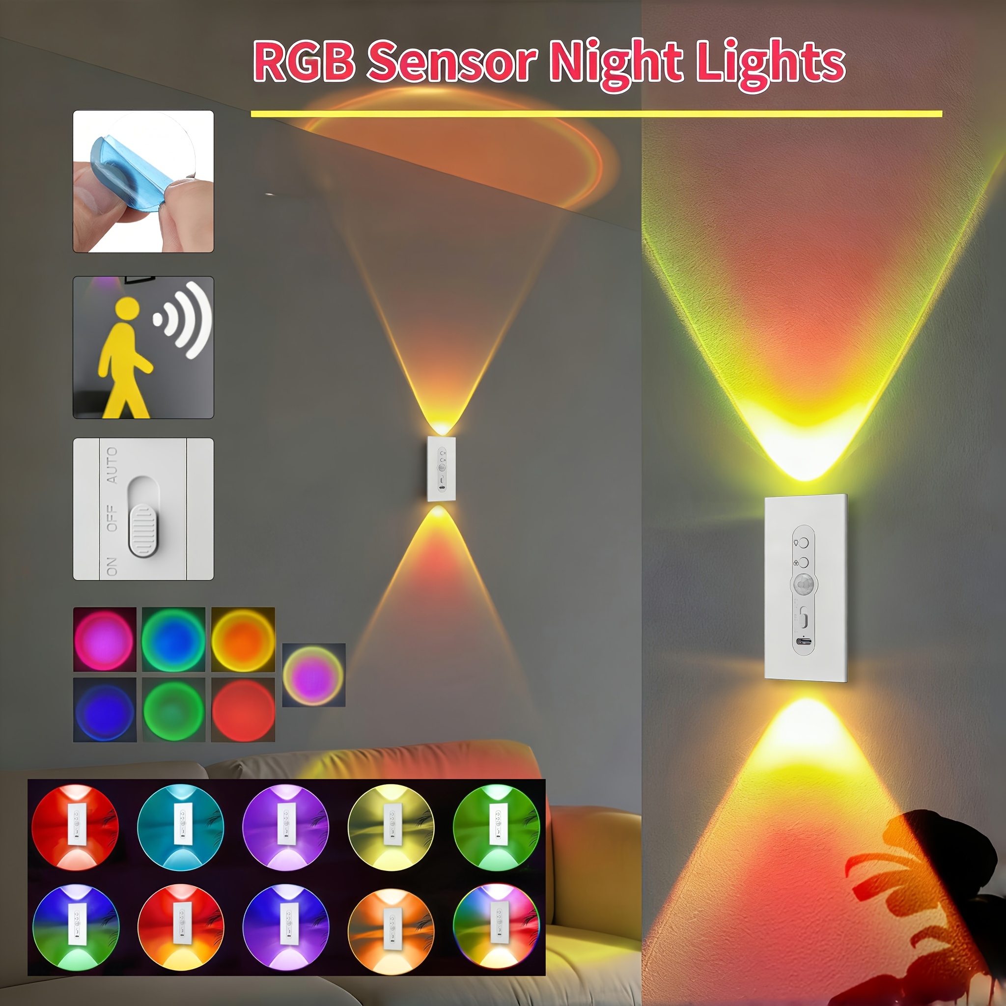 3pcs 7 Color Rechargeable Motion Sensor Wall Light Set