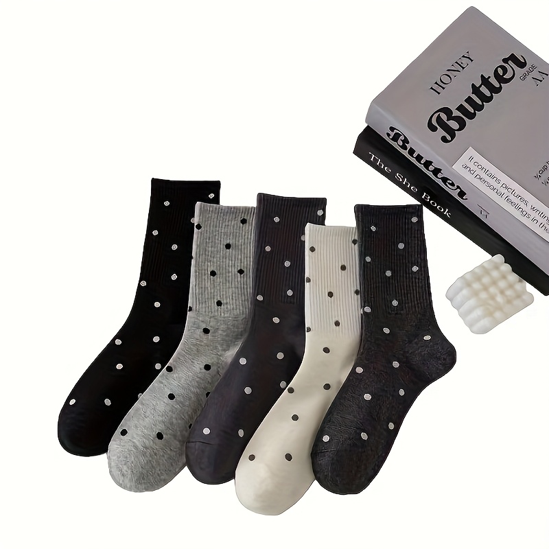 TEMU 5-pair New Mid-calf Autumn-winter Gray Polka Dot Socks, Couple's Crew Socks, Versatile, Soft, And Comfortable