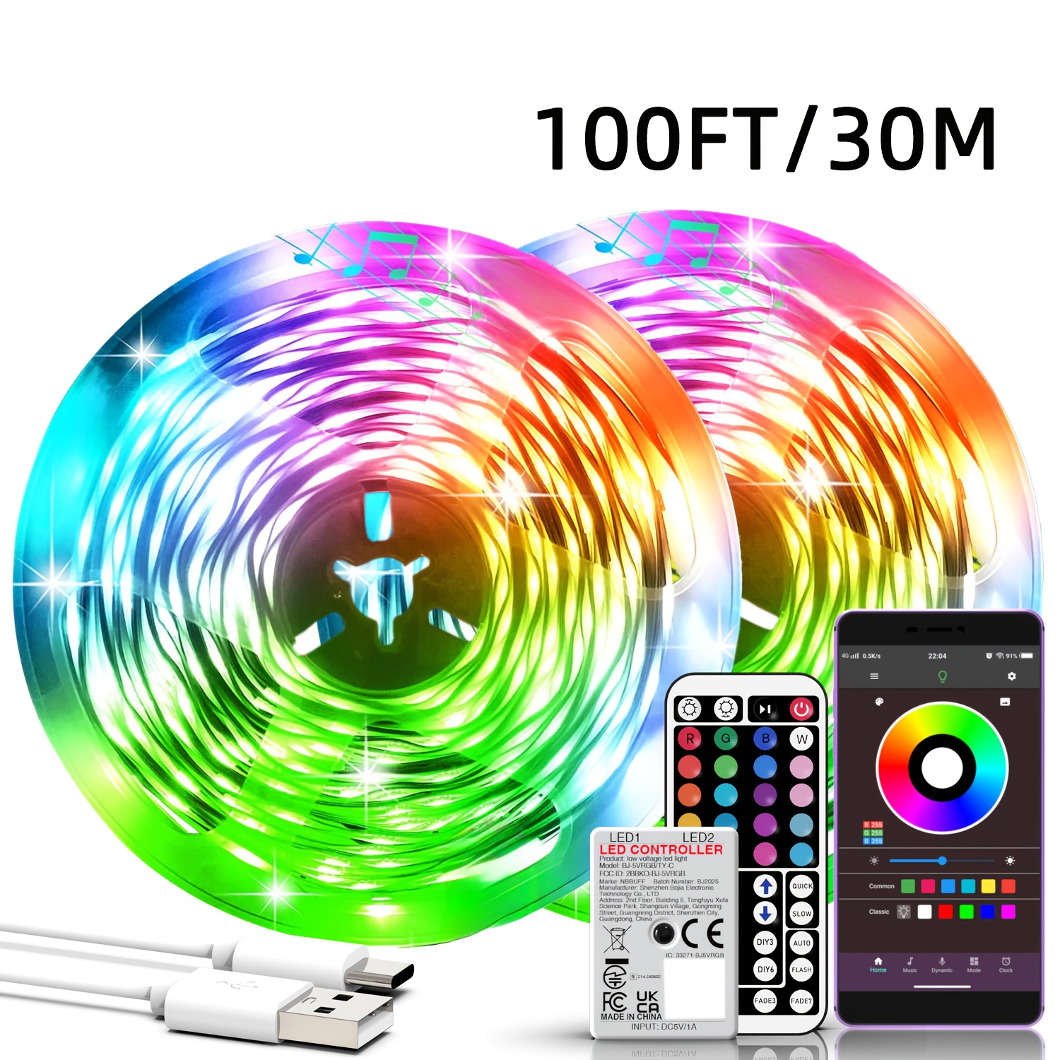 TEMU 16.4ft-100ft Rgb Led Strip Lights With App & Remote Control, Music Sync, Upgraded Ty-c Controller, Usb Powered Dimmable Flexible Multicolor