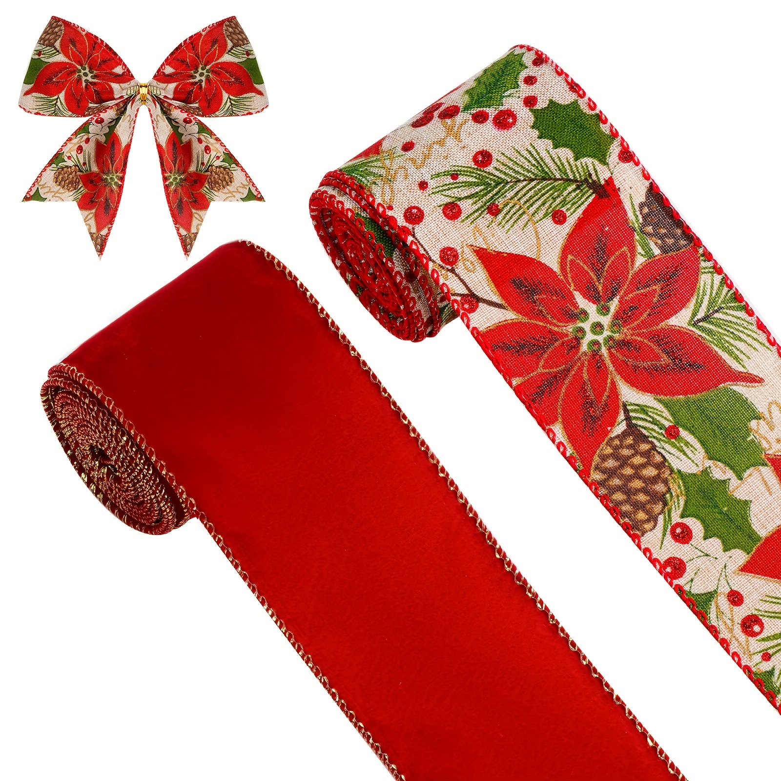 

Vintage Maple Leaf Flocked Christmas Ribbon, 2pcs - 10 Yards X 2.5 Inch Wide, Durable Wired Edge For Gift Wrapping, Holiday Decor, Bows & Floral Arrangements