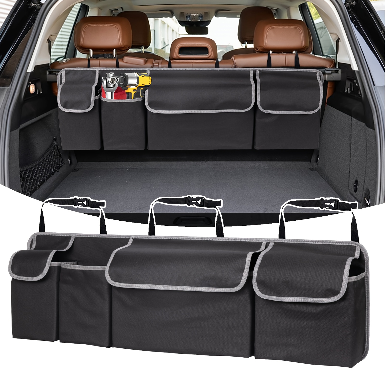 

Organisateur de coffre de voiture en tissu -fonctionnel, pliable, 6 grandes poches, 3 sangles ajustables, installation , grande élasticité, sécurisé un .