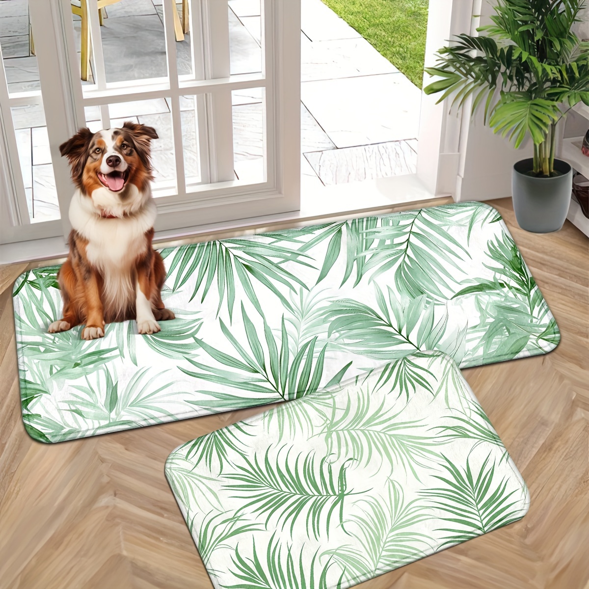 

Modern Green Leaf Pattern Floor Mat - Non-slip, Machine Washable Entrance Rug For Living Room, Kitchen, Bedroom & Farmhouse Decor