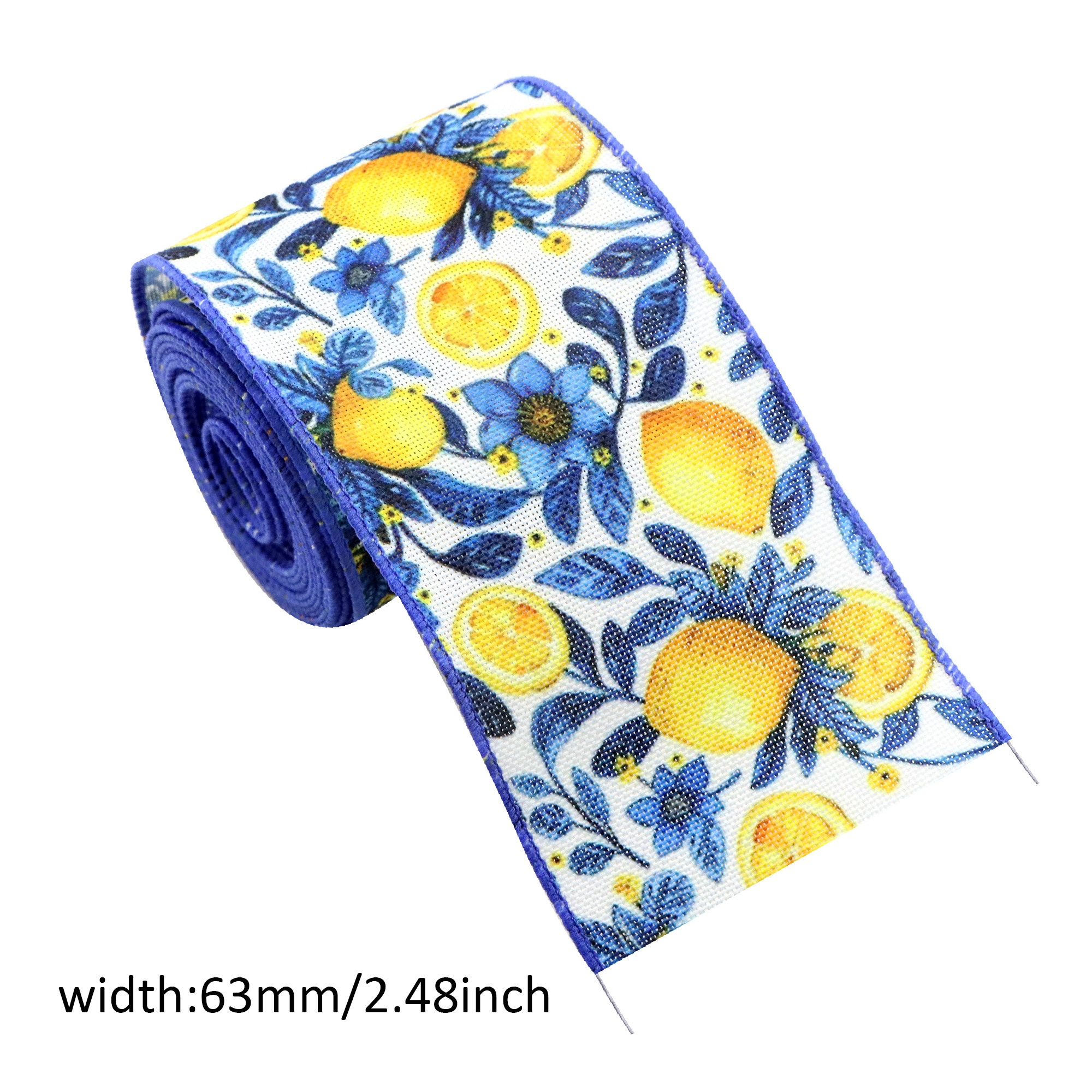 E-shop Zitronen- & Blumenband mit gewellter Kante, 5 Yards/Rolle, 2,5" breit - Lebhaftes blau- und gelbbedrucktes Leinenstoff für Bastelarbeiten,