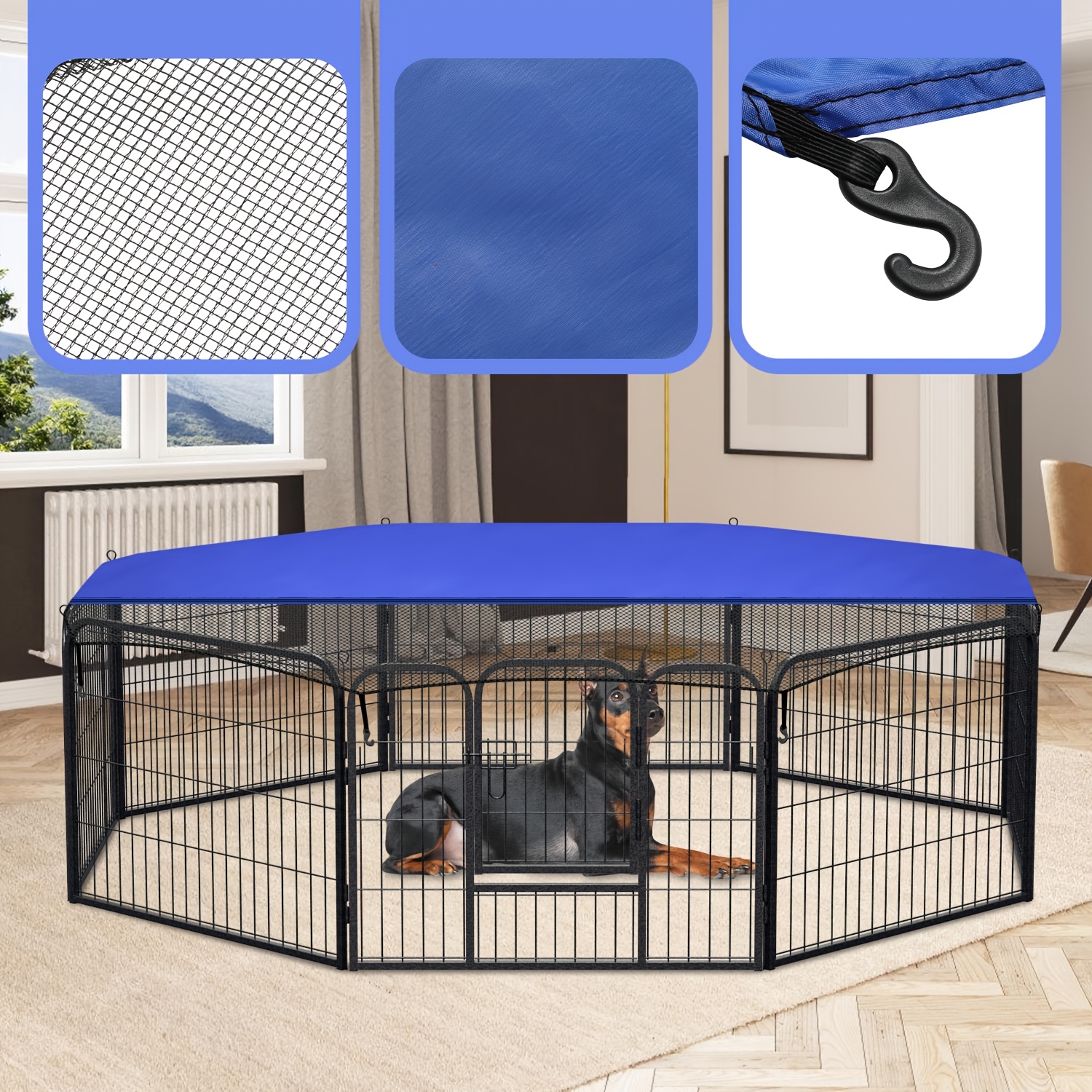 Image of 8pcs Portable Fence Set With Tarpaulin, Flexible And Foldable Dog Pen, 80 X 60cm Portable Fence With Door, Suitable For Dogs, Rabbits, And Small Animals