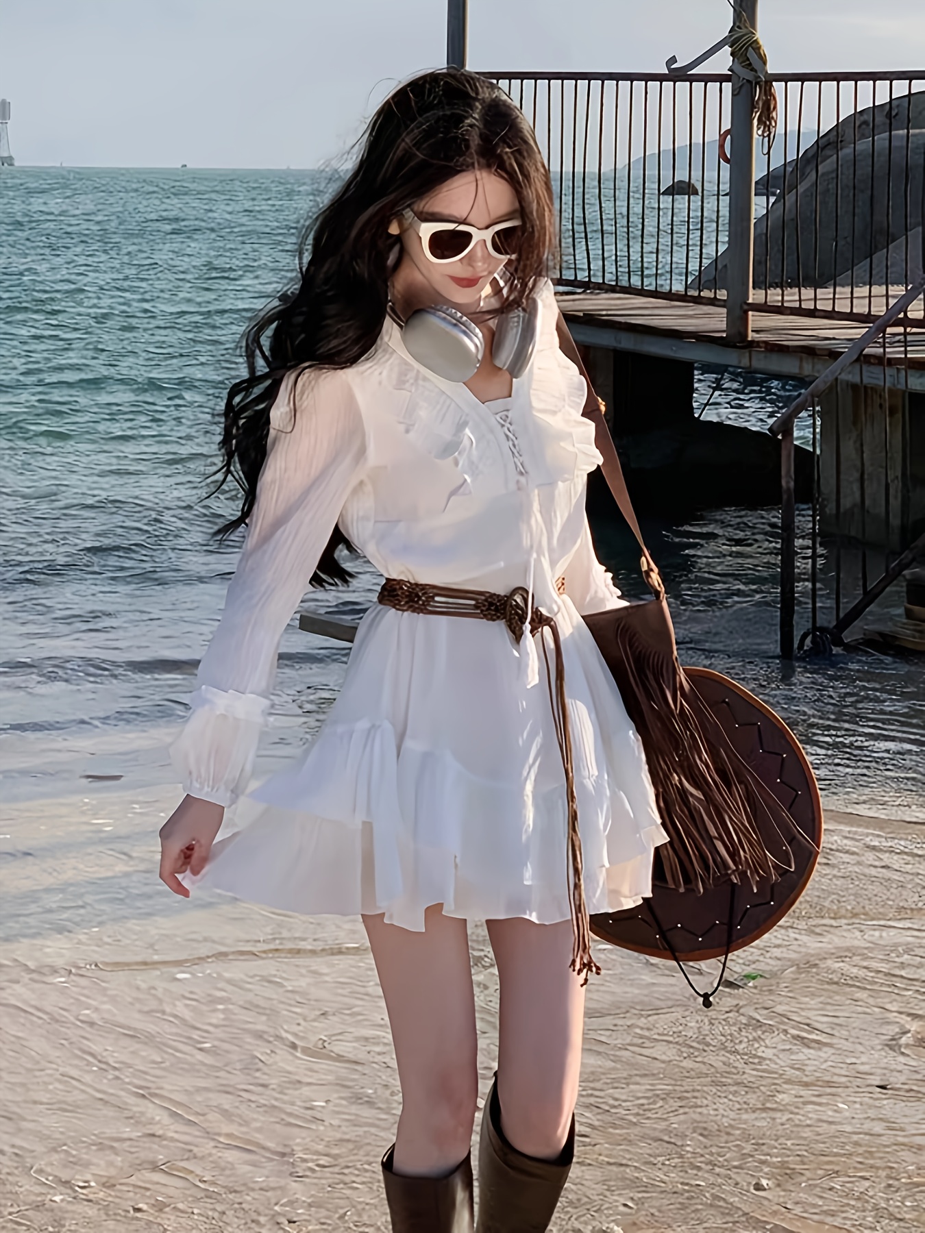 womens french long sleeve dress belt casual - Temu Oman