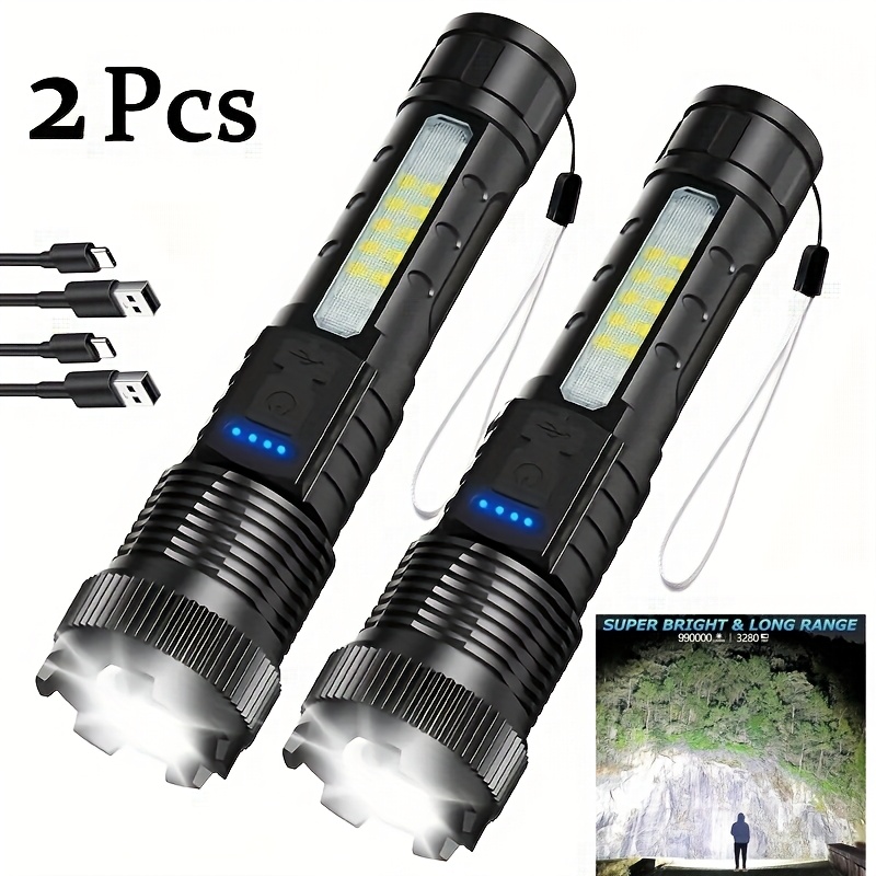 TEMU 2pcs Rechargeable Led Flashlights With 6 Lighting , Cob Side Lights & Powerful Handheld Design – & Long Range, Camping, Fishing, Emergencies & , Flashlight Rechargeable