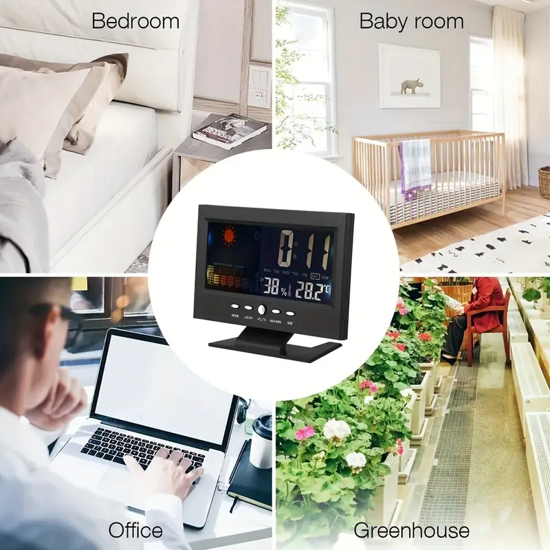 digital weather alarm clock voice control backlight temperature humidity calendar display glass material time weather forecast desk clock with color screen model 8028t 11 5cm x 15 5cm details 9