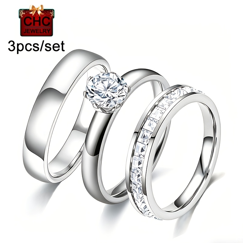 TEMU Set di 3 anelli da donna, gioielli placcati 18k, eleganti anelli in acciaio inossidabile 304L che non sbiadiscono, accessori di moda femminili,