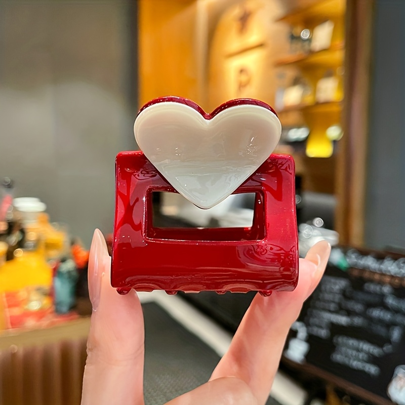 TEMU 1pc Elegant 2-inch Square Acrylic Hair Clip With Red And White Heart Accessories, Valentine's Day Women's Headwear, Fashionable Hair Clip