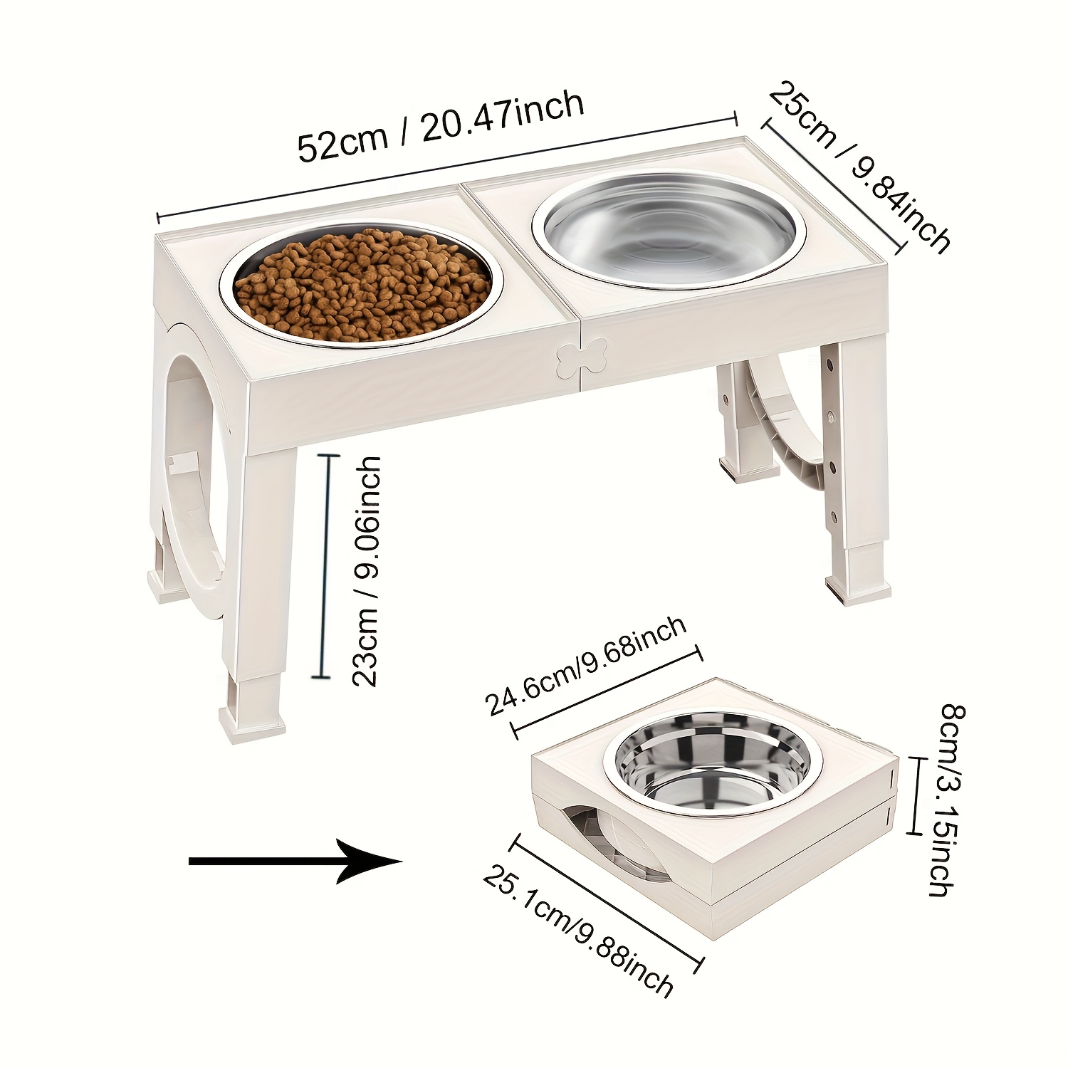 elevated dog bowl, collapsible pet food bowl holder with 2 stainless steel bowls, anti-slip design, 5 height adjustable, convenient, folding, easy to clean, white, for large, medium and small pets Product details 3