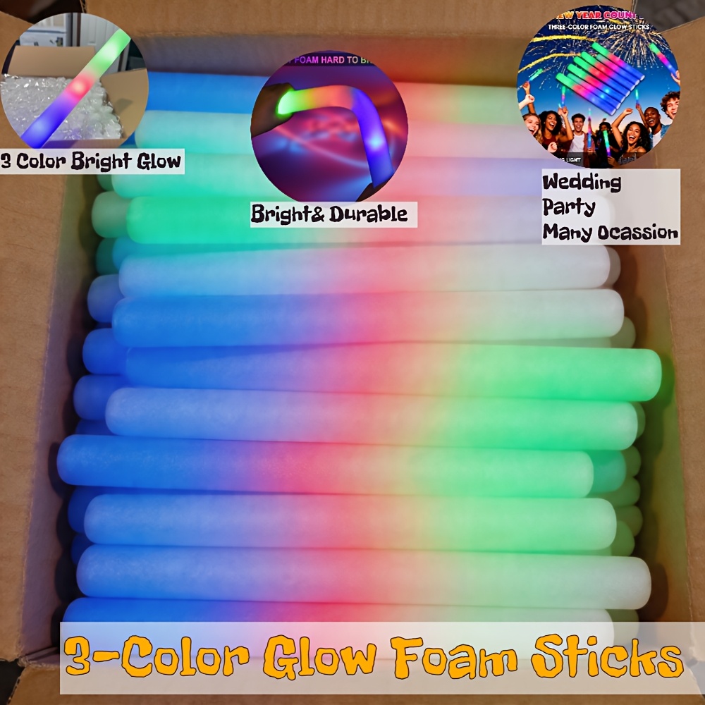 TEMU 30pcs Led Foam Glow Sticks Bulk, Light With 3 Flashing Colors, Foam Party Sticks Light Up Party Favors, Glow In The Dark Party Supplies, Led