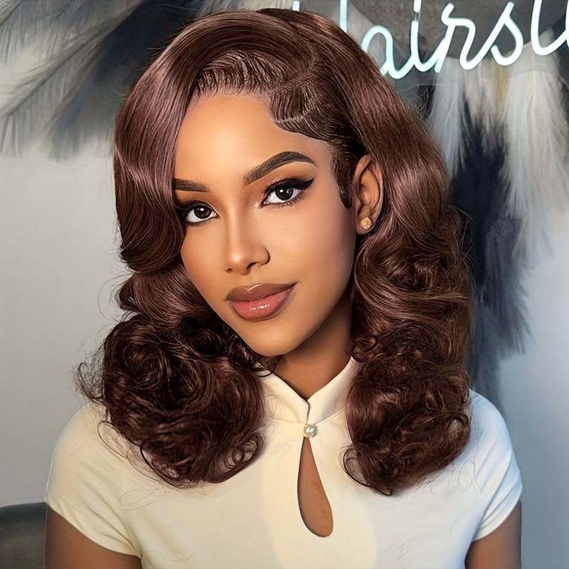 dark brown short bob wig 200 density body wave lace front - Temu display picture 1