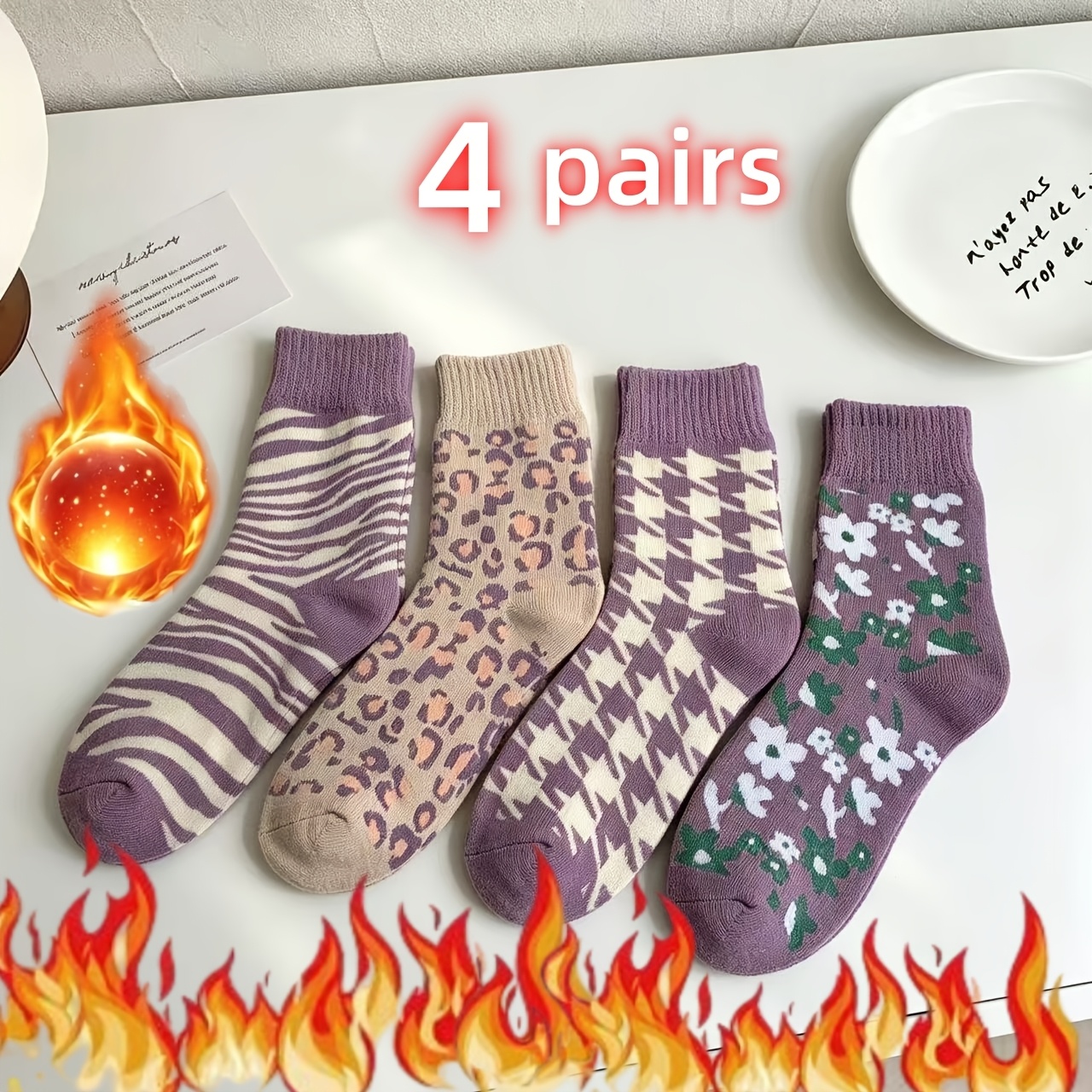 TEMU Lot de 4 paires de chaussettes longues d'hiver, style polyvalent pour femme, série épaissie violette, style japonais pour la chaleur du sommeil,