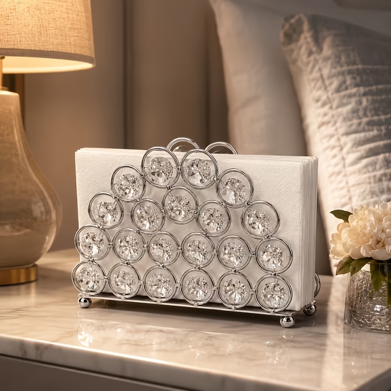TEMU 1pc Elegant Crystal Silvery Metal Napkin Holder - Freestanding, A Decorative Highlight For Home Decor. Silvery Napkin Holder With Crystal,