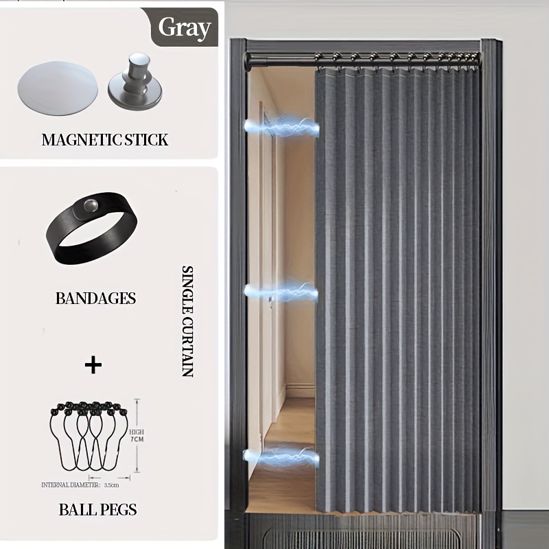 Image of 1pc Modern Insulated Folding Door Curtain - Flat Weave Polyester Room Divider With Ties, Home Decor Hallway Privacy Curtain, Stylish Partition Sunshade, Double-sided Magnetic Snap With Delivery Hooks