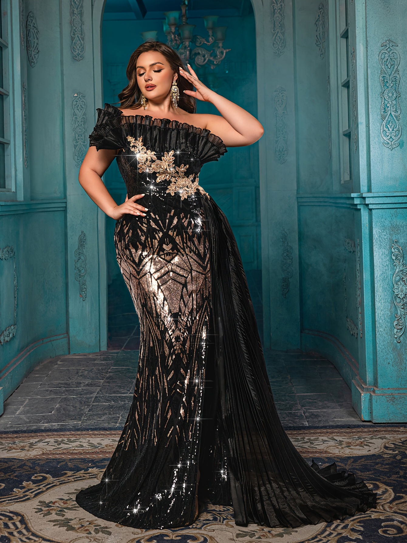 qoo black sequin mermaid evening gown elegant shoulder long - Temu Saudi  Arabia