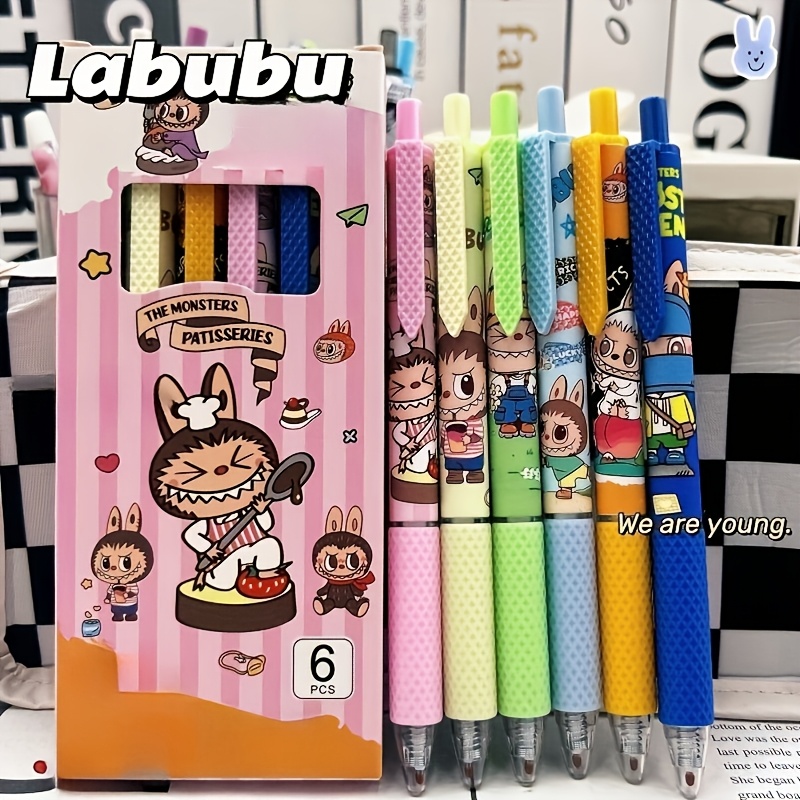 

6-pack Labubu Monster Patas Series Retractable Gel Pens, Extra , Quick-dry , High Capacity, Cartoon Design, Plastic Material, For School And Office Use