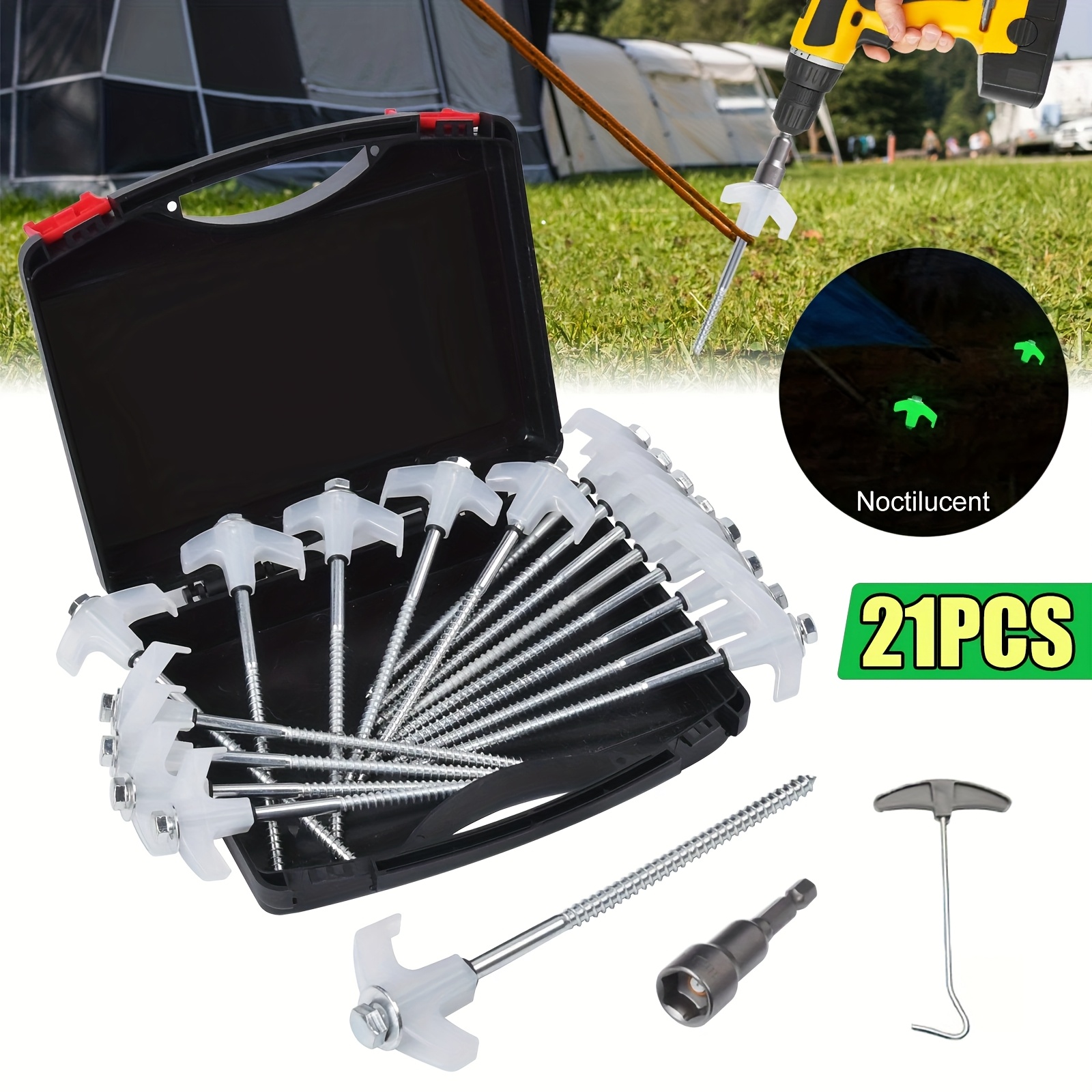 21pcs Tent Pegs Screw In Hard Standing Ground Drill In Camping Awning Glow, Gift