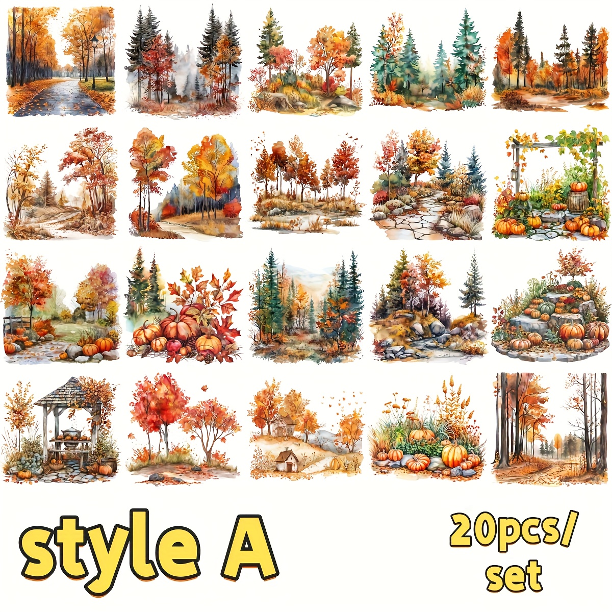2d Flat 20pcs/set Autumn Maple Leaf Pumpkin Forest Themed Stickers