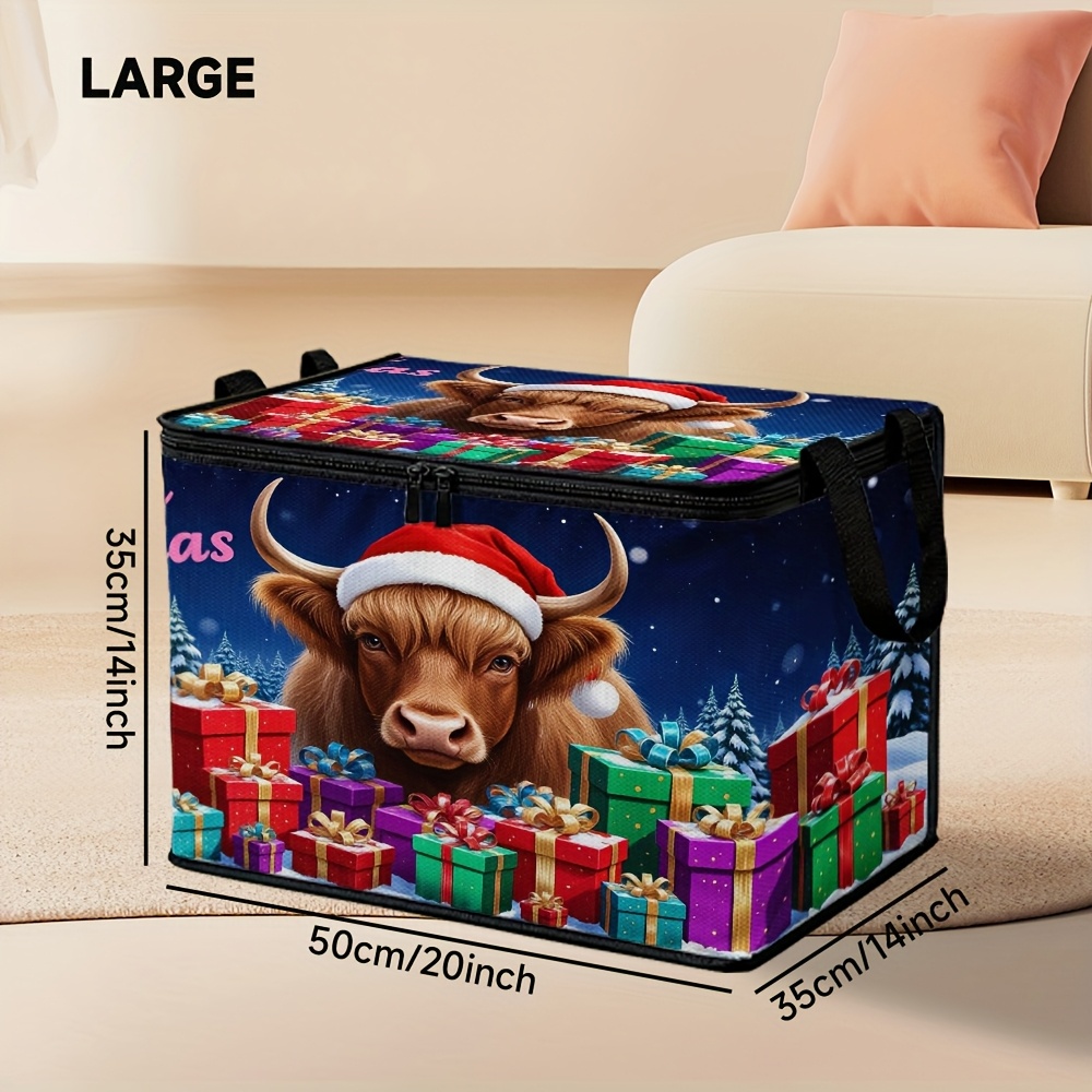 TEMU 1pc Lidded Storage Bins With Christmas Highland Cow Winter Gifts Pattern, Great For Organizer, Laundry Room Storage, Or Holiday Decoration