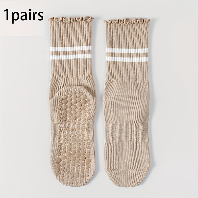 E-shop 1 Paar/4 Paar Damen Yoga Socken mit gerollten Kanten, gestreifte Mid-Calf Socken, rutschfest für Indoor Fitness und Pilates, Damen Sport Socken