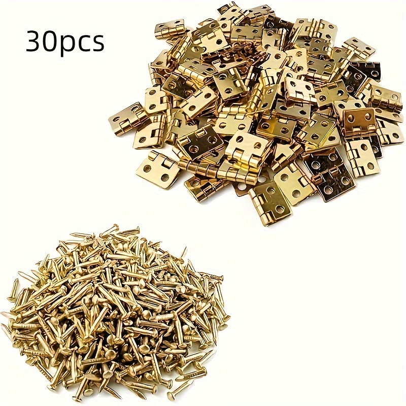 Image of 30pcs Small Brass Mini Hinges For Wooden Box Jewelry Box Dollhouse Miniature Furniture + Replacement Golden Hinge Screws