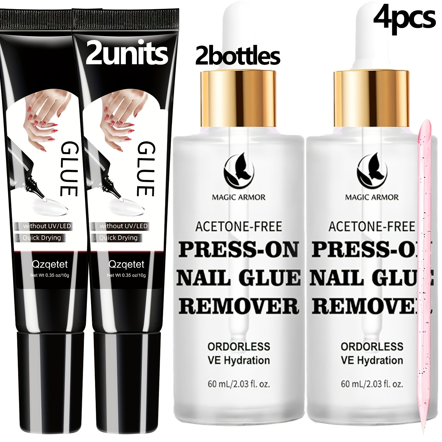 TEMU Upgraded Fast-drying 2pcs 10g Nail Kit, Includes 2 Bottles Of 60ml Nail Polish Remover, Ideal For Press-on Fake Nails, No Light Needed, Durable Artificial Nails