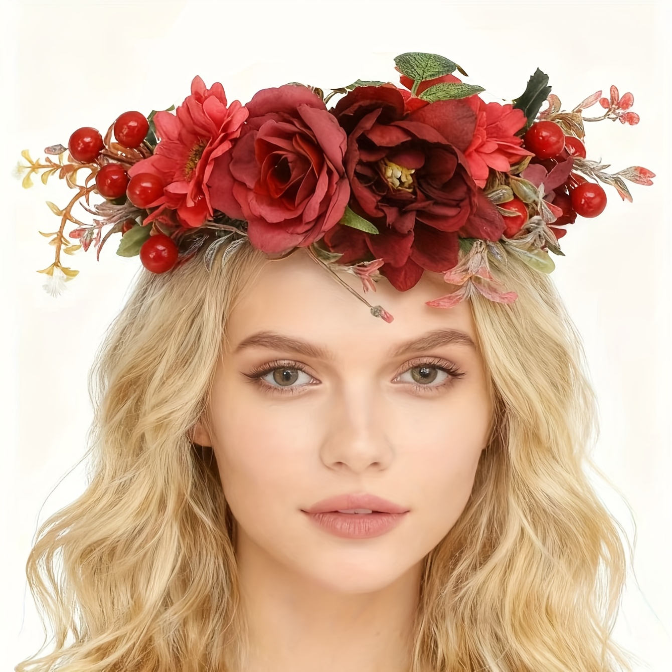 Image of 1pc Floral Garland Headband Bridal Headdress Retro Bohemian Travel Vacation Simulation Floral Garland Headdress Handmade Fabric Simulation Garland