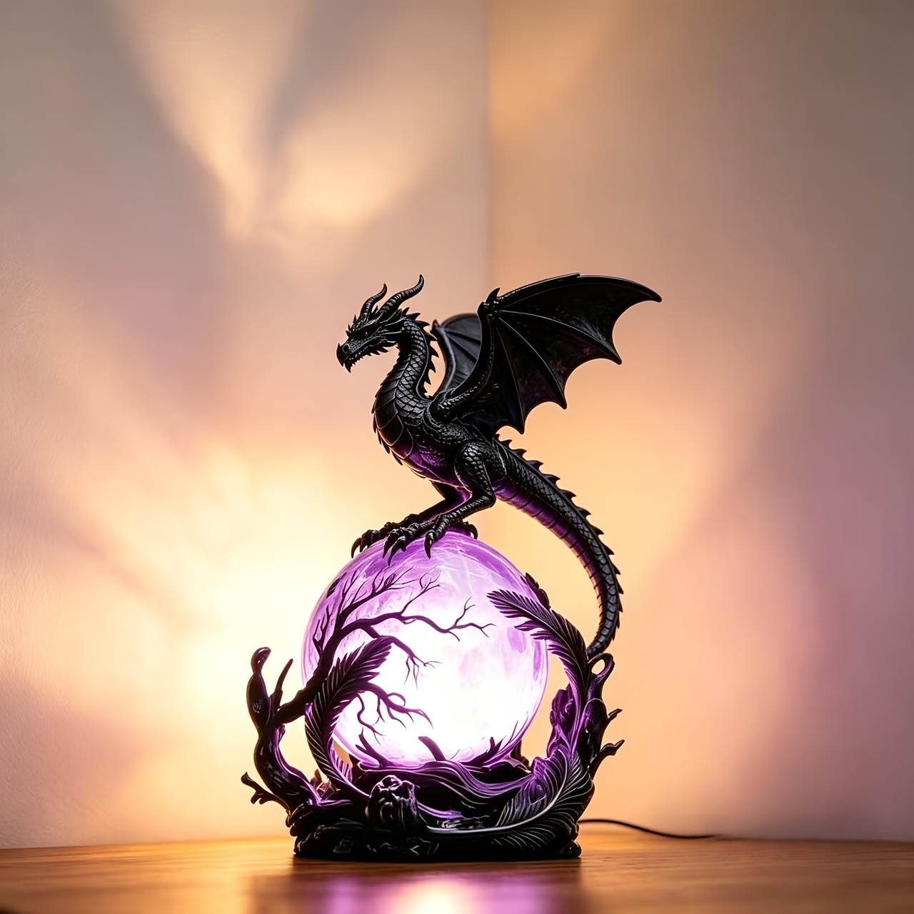 TEMU Usb Interface Obsidian Dragon Statue Light, Handmade Resin Carving, Luminous Sphere, Suitable For Bedrooms, Living Rooms, Desks, Collectors, And