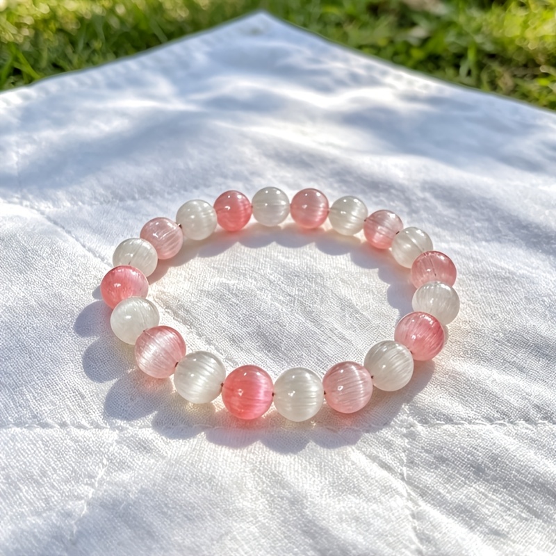 Dreamy Pink-Toned Cat's Eye Stone Beaded Bracelet, Unique Accessory
